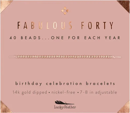 Lucky Feather Regalos de cumpleaños número 40 para mujer, pulsera de cuentas sumergidas de oro de 14 quilates en cordón ajustable de 7 a 8 pulgadas,
