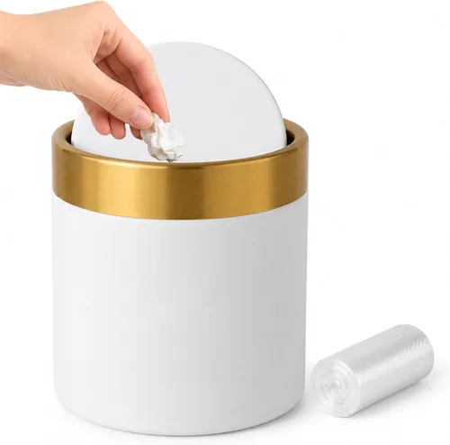 Vista 11 de Mini bote de basura con tapa, pequeño cubo de basura de metal para escritorio con tapa oscilante, cubo de basura de encimera de 0.4 galones
