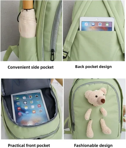 Vista 6 de Juego de mochila Kawaii de 4 piezas, gran capacidad y elegante para uso diario, Blanco sucio