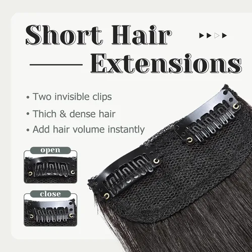 Vista 3 de S-noilite Extensiones de cabello humano corto con clip, de 8 pulgadas, extensiones de cabello humano con volumen, extensiones gruesas #1B