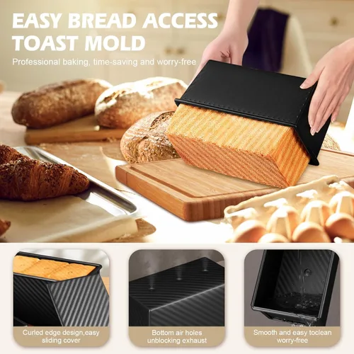 Vista 7 de Paquete de 2 moldes para pan con tapas – Capacidad de masa de 2.2 libras y 1 libra, moldes para pan de acero al carbono antiadherentes para pan