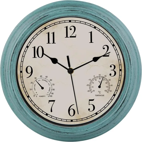 Vista 10 de Reloj de pared retro impermeable de 12 pulgadas para interiores y exteriores, con termómetro e higrómetro, funciona con pilas, reloj de pared Azul