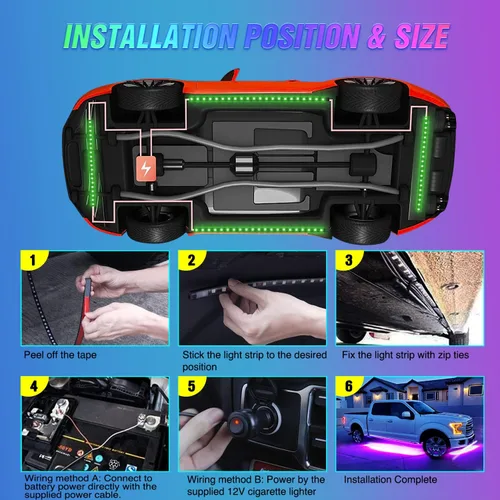 Vista 4 de Nilight 4 tiras de luces de neón para automóvil, 252 LED, RGB, 8 colores, función activa, modo de música con control remoto inalámbrico, tiras