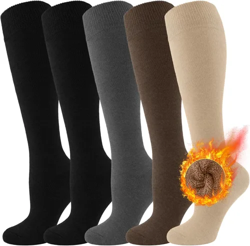 Refeel 5 Pairs Knee High Socks for Women Boot Black Long Thick Warm Winter Socks Support For Hiking,Work