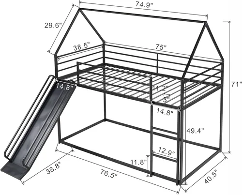 Vista 9 de Harper & Bright Designs Litera de metal para niños, cama individual sobre individual, litera baja con forma de casa, techo, escalera, barandilla