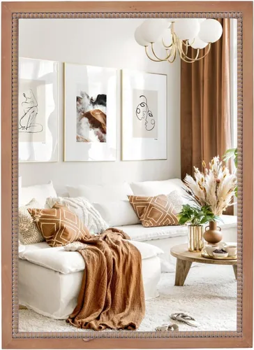 Vista 11 de Sawsile - Espejo redondo de madera, 45 cm, espejo circular rústico de granja con marco natural de madera con cuentas boho, espejo de pared