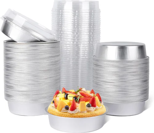 Vista 29 de Beasea Paquete de 20 Moldes para Cheesecake con Tapas, 8 Oz, 4 Pulgadas Moldes Redondos de Papel de Aluminio para Tartas, Contenedor para Muffins