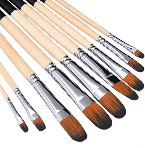 Vista 2 de Artist Filbert - Juego de 9 pinceles de pintura profesional con mango largo, cepillos de nailon suave para el cabello, para aceite acrílico