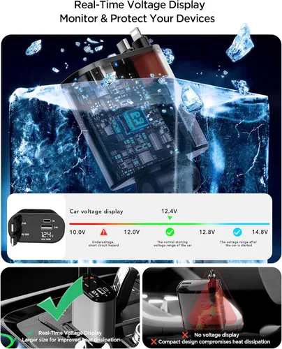 Vista 6 de Cargador retráctil para automóvil, carga rápida 4 en 1 de 69W, adaptador de encendedor de cigarrillos con 2 cables retráctiles para iPhone