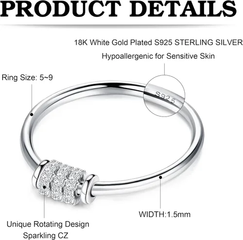 Vista 2 de Milacolato Anillo de plata de ley 925 antiansiedad para mujer anillo giratorio para aliviar el estrés