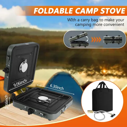 Vista 2 de Estufa de campamento de propano de 2 quemadores con parrilla y bolsa de transporte, estufa de campamento plegable portátil con quemadores ajustables