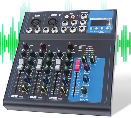 Vista 14 de Mini interfaz de consola mezcladora de 2 canales con alimentación fantasma de 48 V, mezclador de audio profesional, estéreo de 0.138 in, conector