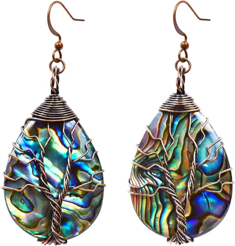 Handmade Sea Abalone Shell Earrings Tree of Life Wrapped Dangle Teardrop Vintage Celtic Earrings for Women Fashion Trendy