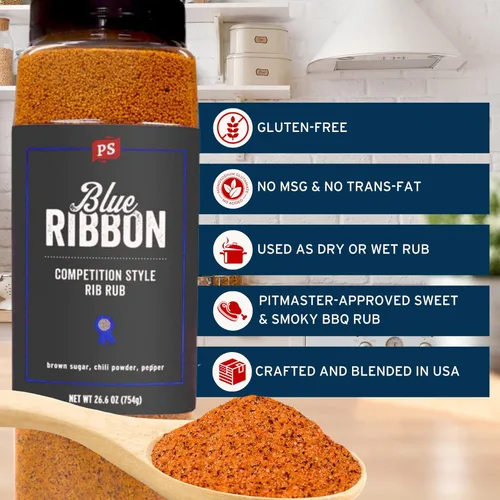 Vista 3 de PS Seasoning Blue Ribbon Rib Rub - Condimento seco dulce y ahumado para barbacoa estilo competencia para ahumar y asar a la parrilla - Mezcla