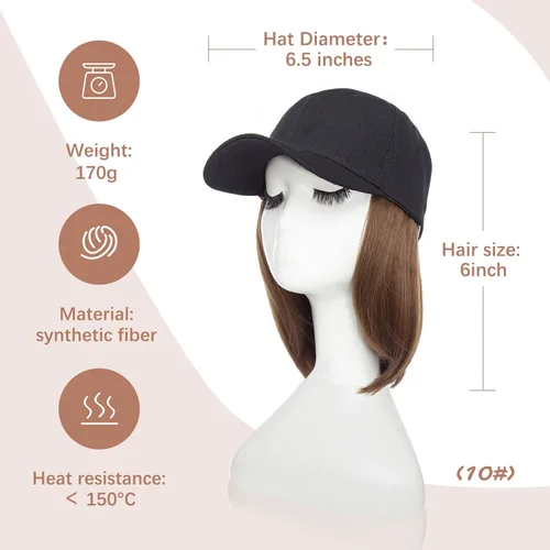 Vista 3 de SEGO Gorra de béisbol con extensiones de cabello para mujer, resistente al calor, pelo sintético unido corto y recto, peluca de gorra de béisbol