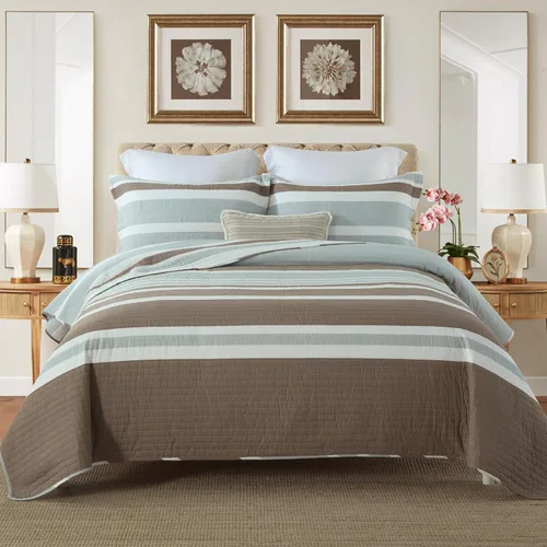 Vista 13 de PERHOM Juego de edredón 100% algodón tamaño Queen - 3 piezas, estilo bohemio, a rayas, ligero, suave, transpirable, juego de ropa de cama beige gris