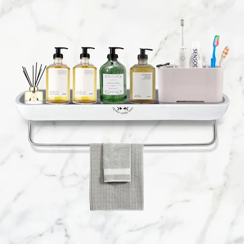 Organizador de ducha - Montado en la pared - con toallero - Autoadhesivo extra fuerte - Sin taladrar - Fácil drenaje - Elegante y ahorro de espacio