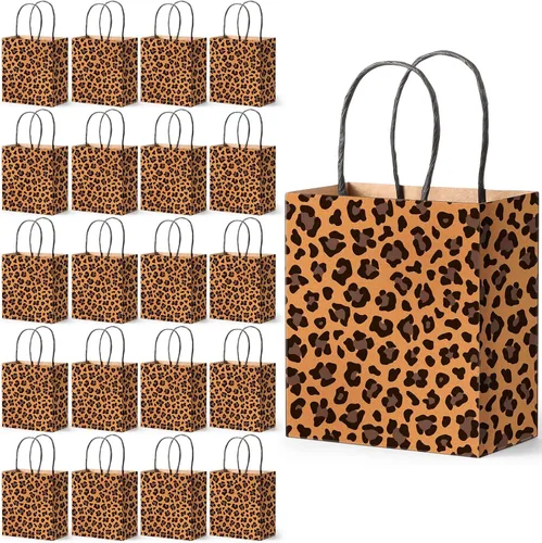 Outus 50 bolsas de papel de leopardo con estampado de leopardo, pequeñas bolsas de regalo de 5.5 x 2.76 x 5.9 pulgadas, bolsa de leopardo marrón con