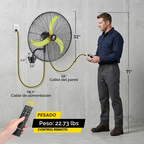 Vista 4 de FUGOO Ventilador de pared oscilante de 30 pulgadas con control remoto, motor BLDC, amplio rango de flujo de aire de 3200 CFM a 8800 CFM, ventilador