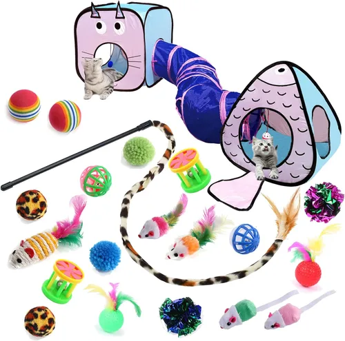 GONPET - Juego para gatos de interior: 23 piezas de juguetes para gatitos, incluye túnel plegable para mascotas, varita interactiva para gatos y