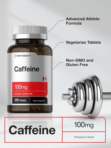 Vista 4 de Horbäach Píldoras de cafeína de 100 mg 250 tabletas Fórmula vegetariana Suplemento sin OMG, sin gluten