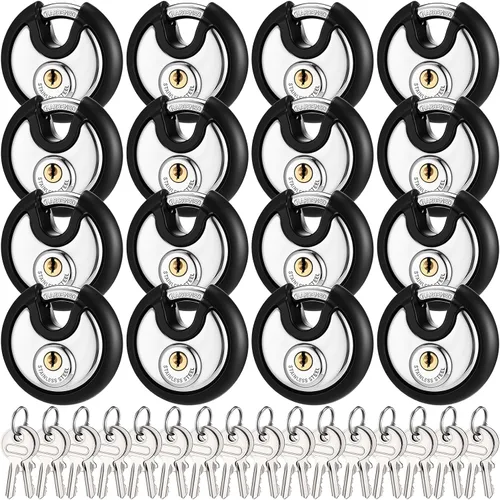 Chumia Paquete de 16 candados con igual llave, acero inoxidable de 2-3/4 de ancho, cerraduras de disco de grillete de 3/8 para exteriores, unidades