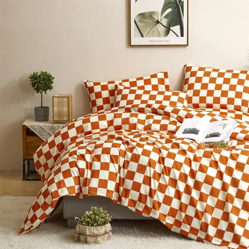 Vista 2 de CLOTHKNOW Juego de edredón de 3 piezas a cuadros color beige óxido, tamaño Full, juego de ropa de cama de cuadros edredón terracota con 2 fundas