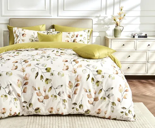 Vista 11 de SLEEPBELLA - Funda de edredón tamaño individual, 600 hilos de algodón, beige y gris azulado, con patrón de hojas lujoso impreso, funda de edredón