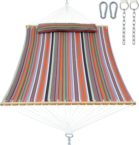 Vista 14 de Gafete Hamacas para 2 personas de 12 pies para exteriores, hamaca de tela doble acolchada para exteriores con barra separadora, almohada extraíble