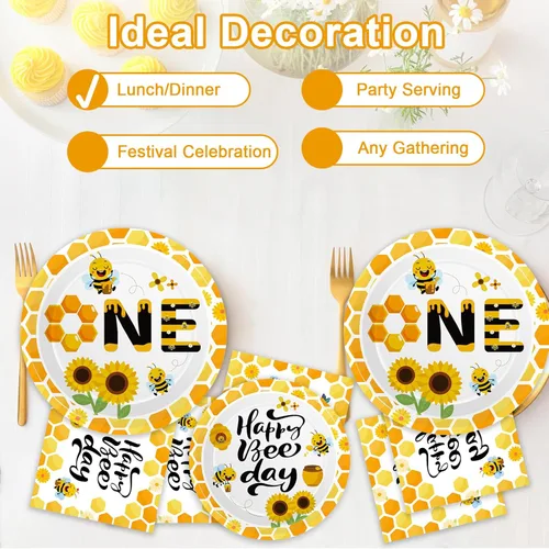 Vista 7 de Qyeahkj Juego de 100 platos de papel y servilletas de abeja, suministros para fiesta de primer cumpleaños, suministros para el primer cumpleaños