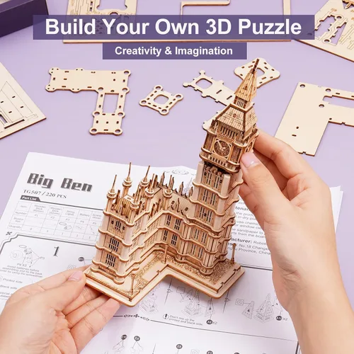 Vista 5 de ROBOTIME Rompecabezas 3D para adultos, kits de manualidades de madera para adolescentes, kit de modelo de construcción con luz LED para construir
