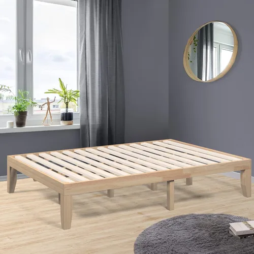 Vista 11 de COSTWAY Marco de cama de plataforma tamaño King, base de colchón de madera de goma maciza de 14 pulgadas con soporte de listones resistentes, marco