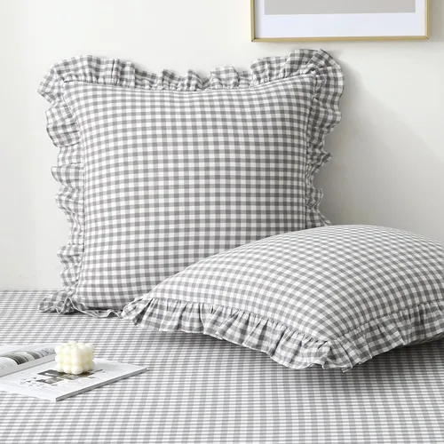 Vista 56 de Paquete de 2 fundas de almohada europeas a cuadros azul polvoriento, blanco, a cuadros, 100% algodón lavado, a cuadros, estilo francés, rústico