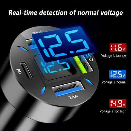 Vista 6 de Cargador rápido para automóvil, PD/QC3.0 cargador USB para automóvil con luces LED, cargador USB para encendedor de cigarrillos compatible
