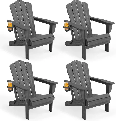 Vista 59 de KINGYES Silla plegable estilo Adirondack, sillas de patio resistentes a todo clima de HDPE, silla de césped con textura de madera para junto a