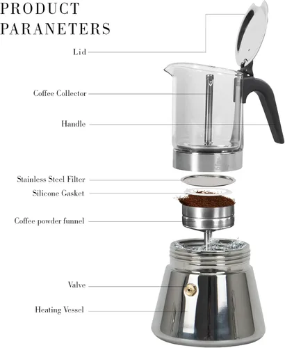 Vista 3 de LAOION Cafetera de café expreso, 3 tazas de 5.4 fl oz, cafetera de cristal y acero inoxidable, cafetera moca, cafetera Greca de Café, cafetera