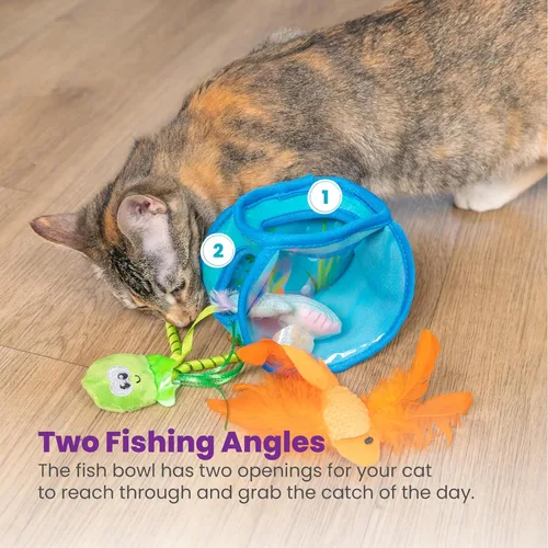 Vista 6 de Juguete interactivo para gatos Catstages Hide & Seek con cuenco de peces y dos juguetes de mezcla de hierba gatera, azul