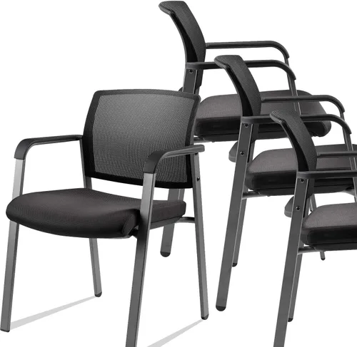 Vista 23 de CLATINA Silla de oficina apilable con ruedas, respaldo de malla, sillas de invitados con brazos, cómodo cojín de cuero, silla de escritorio apilable