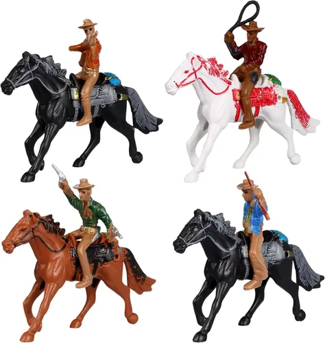 Cowboy Toys Riding Horse Figurines: 4 piezas de figura de acción de vaquero Western Rodeo Toys - Figuras de caballos de plástico con jinete para