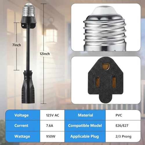 Vista 2 de Feekoon 1 paquete de adaptador de enchufe de luz de 3 salidas, convertir enchufe de bombilla E26/E27 a enchufe de 3 clavijas con cable de extensión