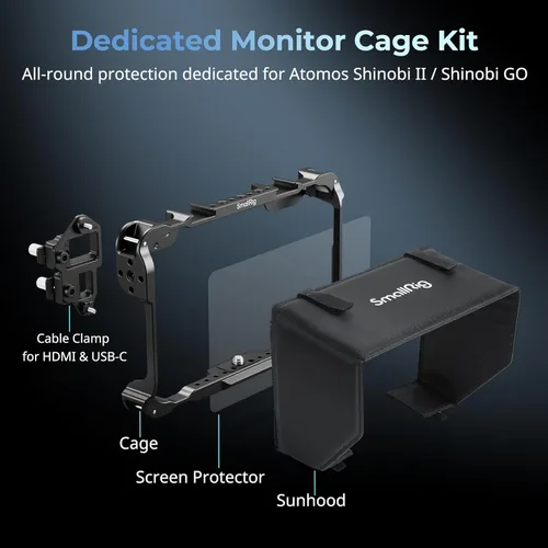Vista 2 de SmallRig Kit de jaula de monitor para Atomos Shinobi II/Shinobi GO, con protector de pantalla, pesa solo 3.40 oz, con orificios roscados de 1/4"-20