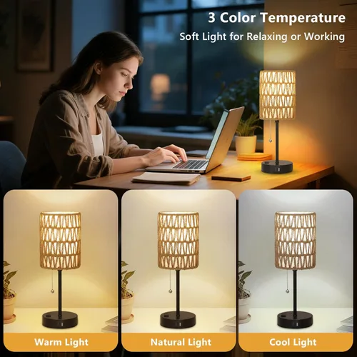Vista 2 de Juego de 2 lámparas de mesa de noche de ratán, lámparas bohemias con 3 temperaturas de color y puerto USB de CA, lámpara de mesa con cadena