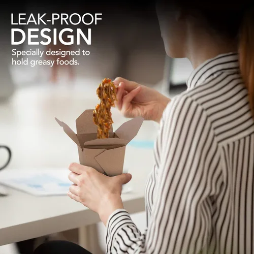 Vista 5 de Recipientes de comida para llevar de 16 onzas para microondas, caja de papel kraft marrón chino para llevar (paquete de 50) resistente a fugas