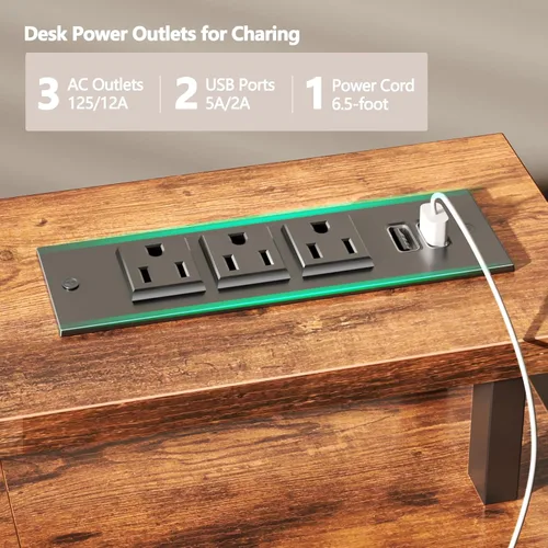 Vista 5 de Gaming Desk with Power Outlets, LED Lights, Monitor Shelf & 2 Drawers - Rustic Brown by Furologee