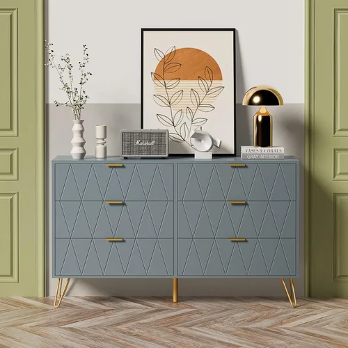 Vista 8 de UEV Cómoda grande negra de 6 cajones, cómoda moderna con cajones anchos y asas de metal, cómoda de almacenamiento de madera para dormitorio, Negro