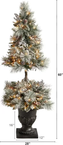 Vista 2 de Nearly Natural Árbol de Navidad artificial flocado de 5 pies con 100 luces LED y 186 ramas flexibles en urna decorativa