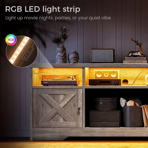 Vista 4 de Casaottima Soporte de TV para televisor de 65 pulgadas, centro de entretenimiento de estilo granja con toma de corriente y luz LED y gabinetes