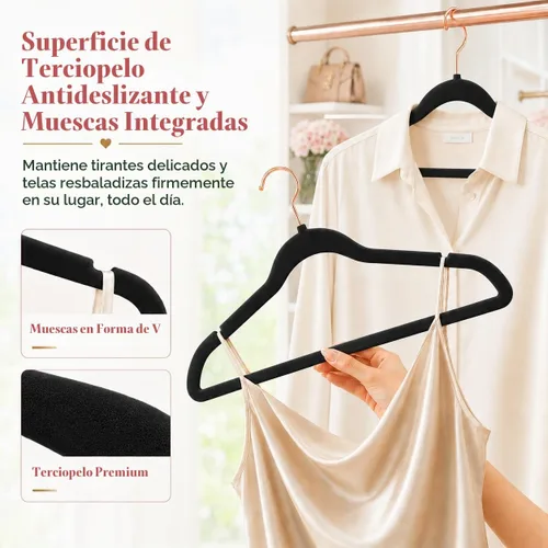 Vista 2 de Smartor Paquete de 50 perchas de terciopelo antideslizantes con gancho de oro rosa, perchas de terciopelo resistente para ropa de adultos, abrigos