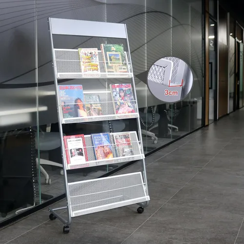 Vista 6 de Revistero de hierro de 4 capas con ruedas, estante de periódicos, estante de exhibición, plata (63)
