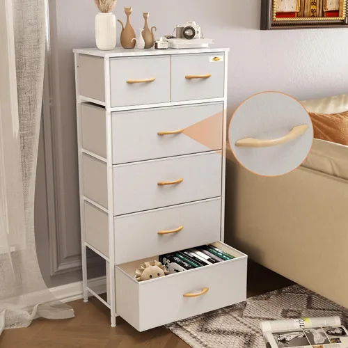 Vista 4 de Cómoda de tela para dormitorio, cómoda alta y delgada con 6 cajones, torre organizadora de almacenamiento, estructura de acero con parte superior